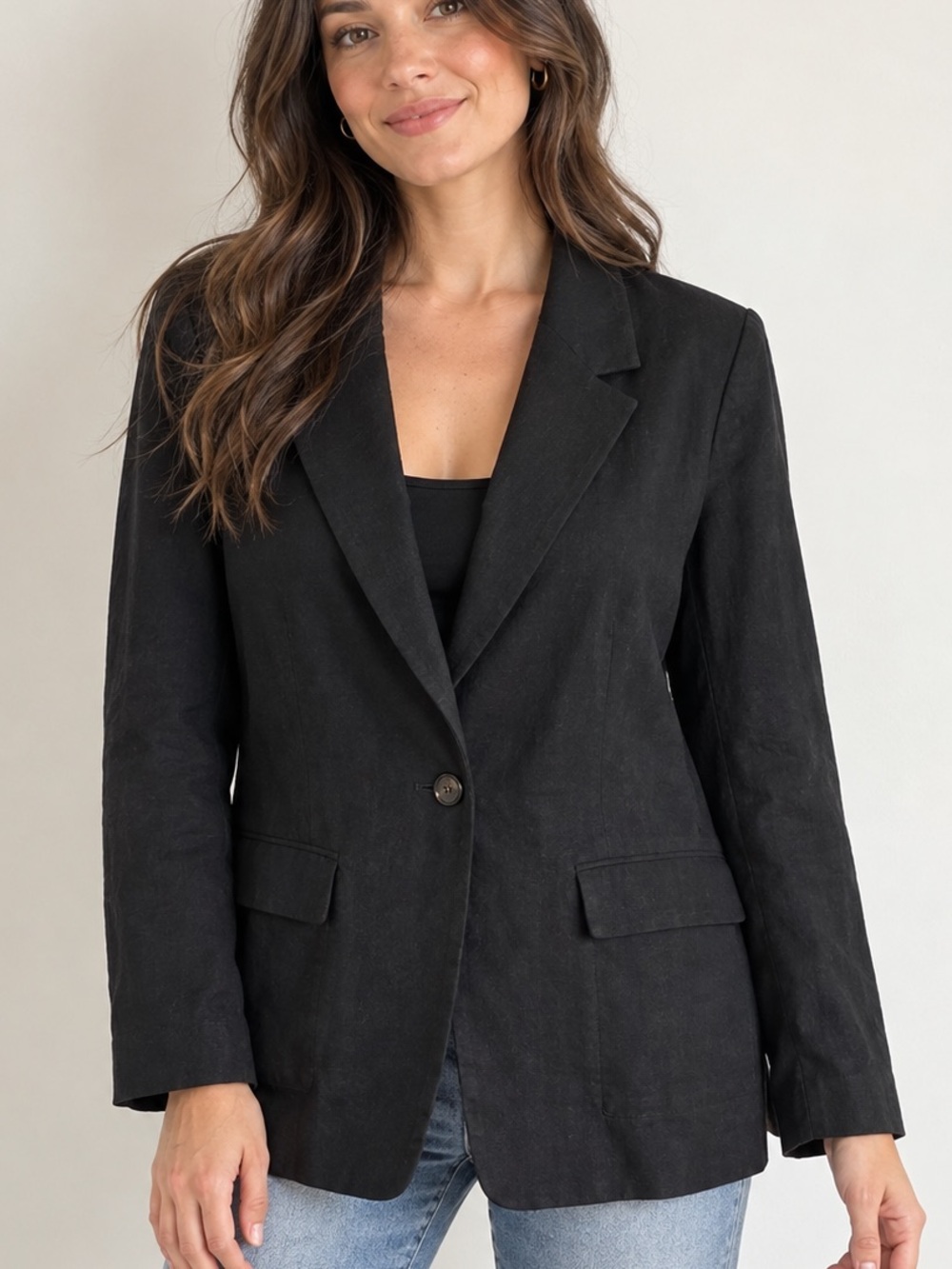 J. Crew Black Women's Single-Button Blazer Jacket 6 Linen Blend Lightweight